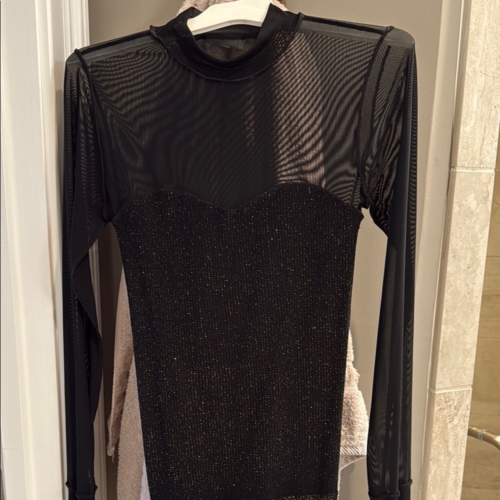 Black Sheer Long Sleeve Top with Gold Accents